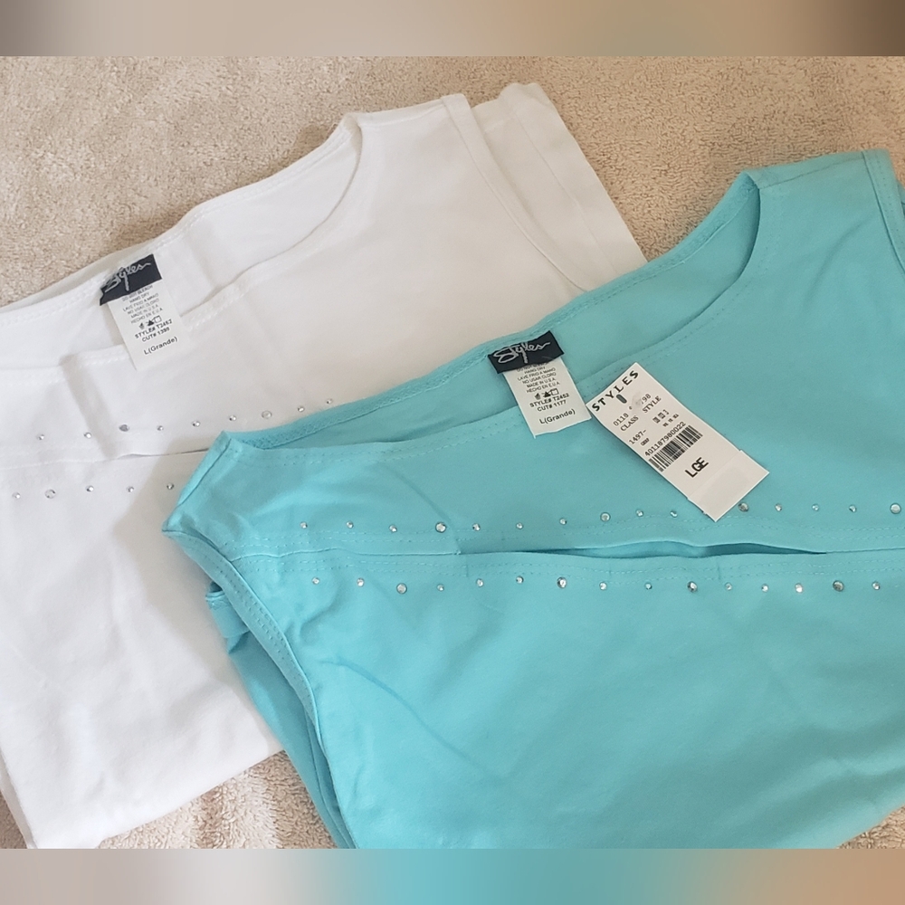 Style n Co New with tags 2 shirts with a sexy slit on the front. Size large